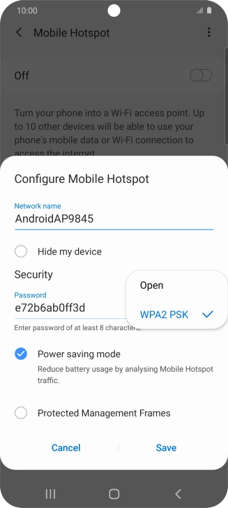 Press WPA2 PSK to password protect your Wi-Fi hotspot.