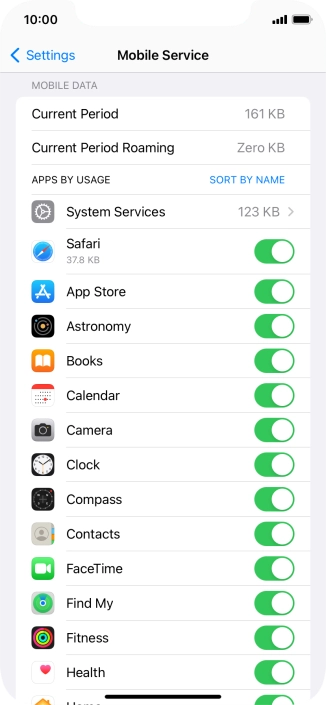 The data usage for each application is displayed below the name of the application.