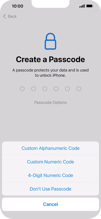 Follow the instructions on the screen to turn on use of phone lock code or press Don't Use Passcode.