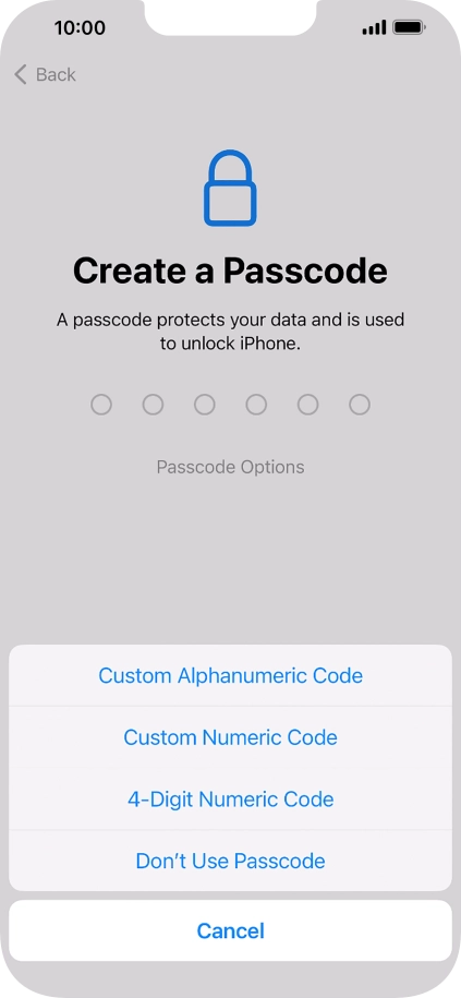 Follow the instructions on the screen to turn on use of phone lock code or press Don't Use Passcode.
