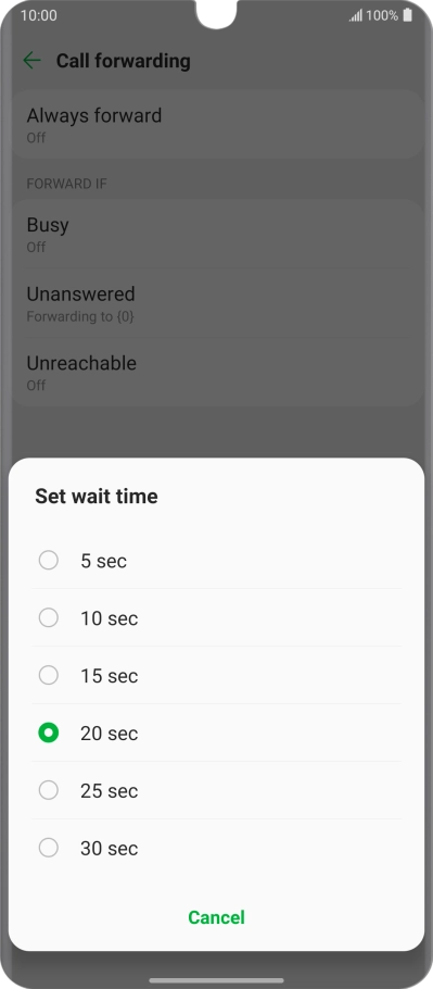 If you divert missed calls, you need to select a delay for the divert. Press the required delay and follow the instructions on the screen to select a delay for the divert.