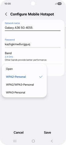 Press WPA3-Personal to password protect your Wi-Fi hotspot. Press WPA3-Personal to password protect your Wi-Fi hotspot.