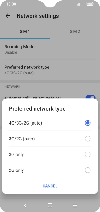 Press the required network mode.