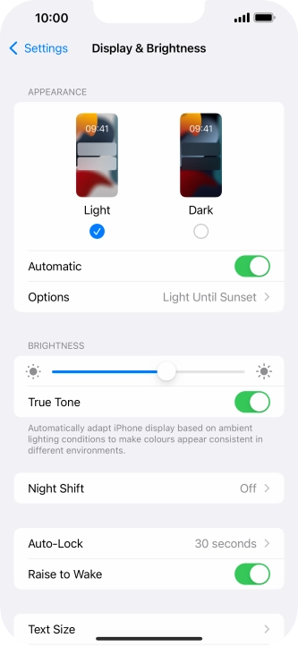 If you turn on the function, press Options and follow the instructions on the screen to select the required period of time for Dark Mode.