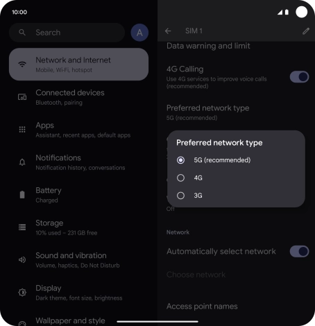 Press the required network mode.