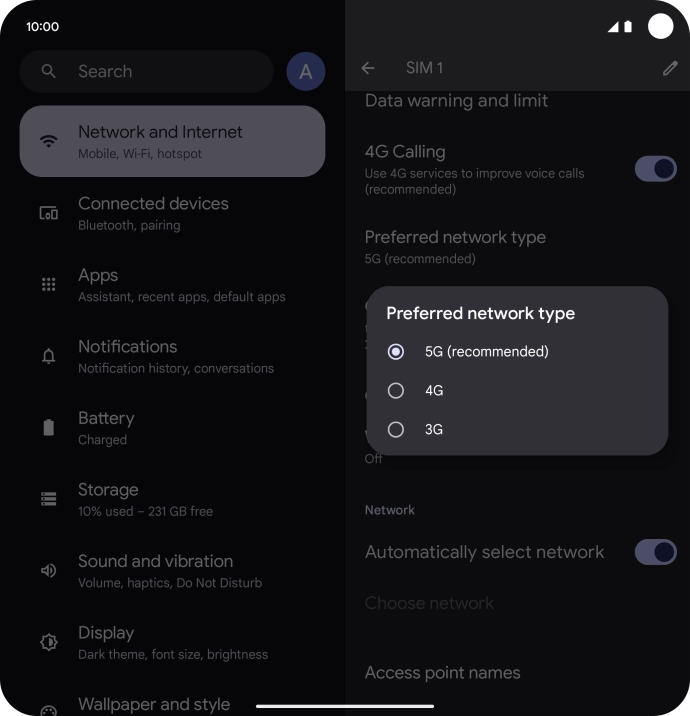 Press the required network mode.