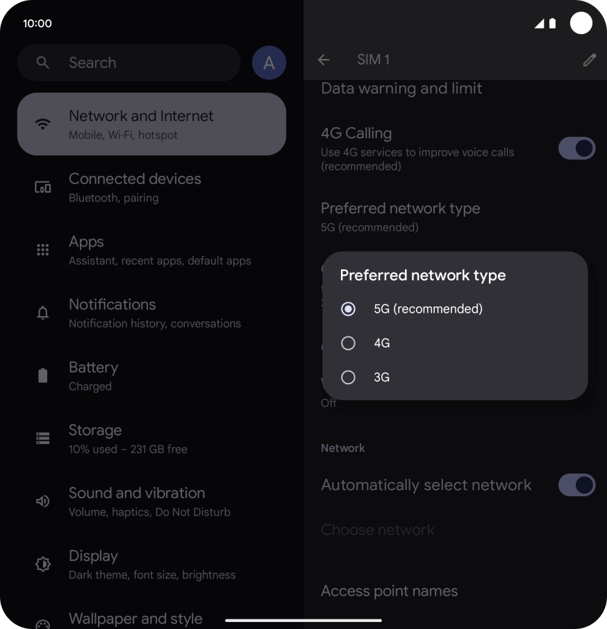 Press the required network mode.