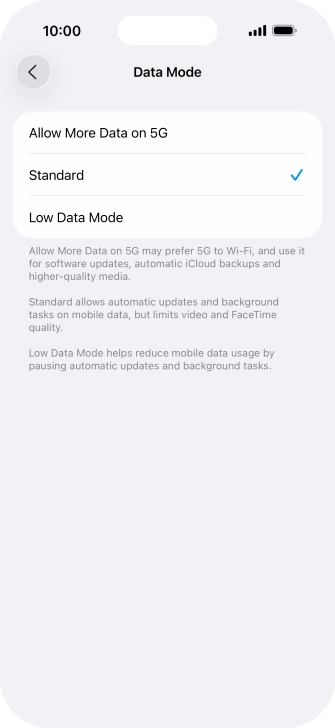 Press the required setting.