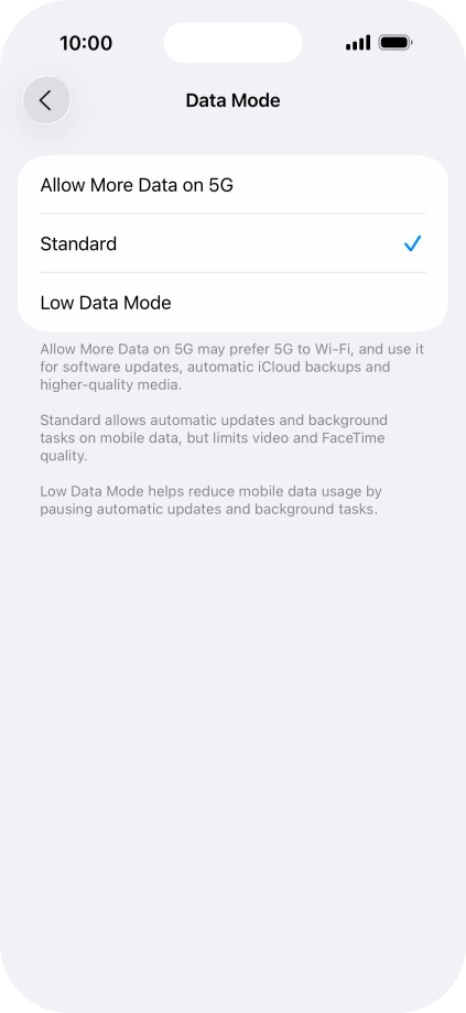 Press the required setting.