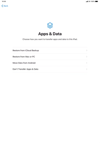 You can restore content from an iCloud backup when your tablet is activated for the first time and after a factory reset. When this screen is displayed, your tablet is ready to restore content from an iCloud backup.