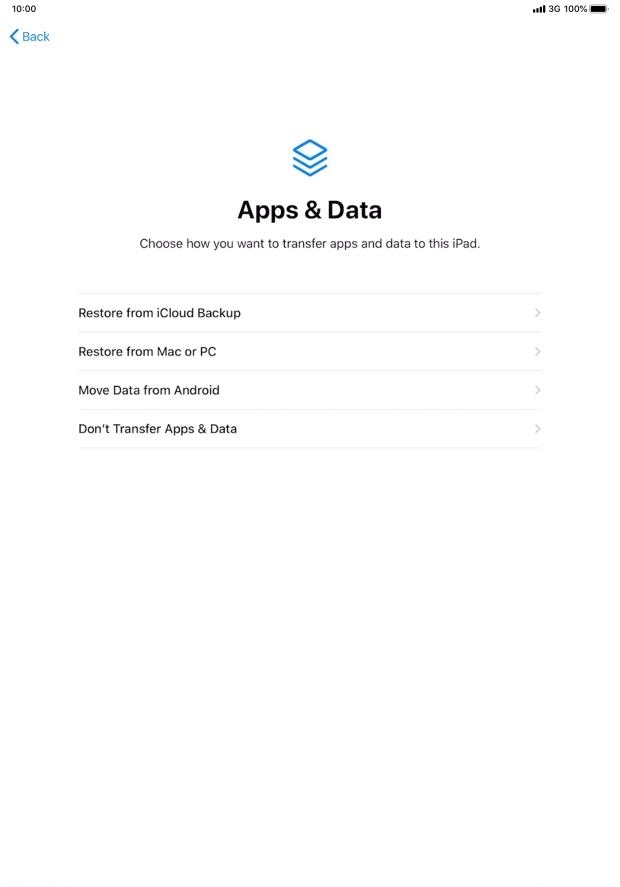 You can restore content from an iCloud backup when your tablet is activated for the first time and after a factory reset. When this screen is displayed, your tablet is ready to restore content from an iCloud backup.