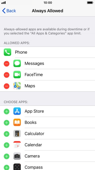 Press the add icon next to the required app to add it to the list of allowed apps during Downtime.