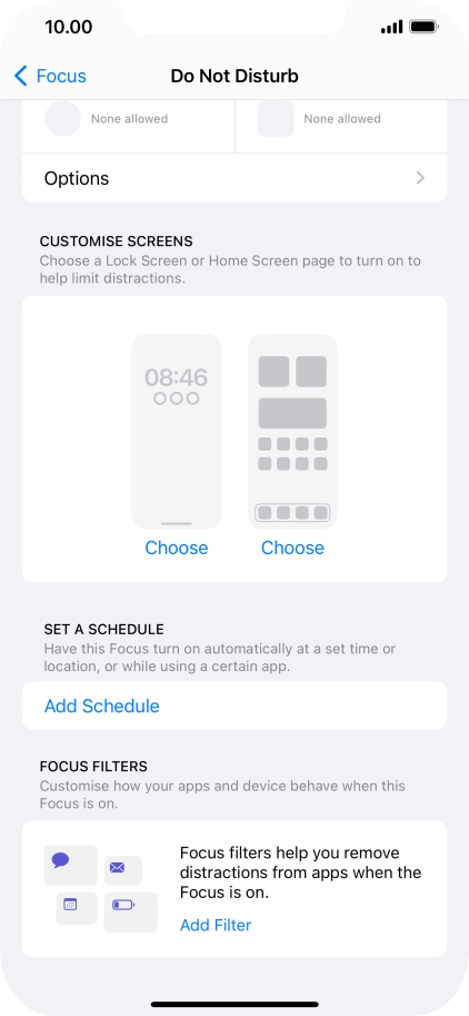 Press Add Schedule and follow the instructions on the screen to select settings for automatic activation of Do Not Disturb.