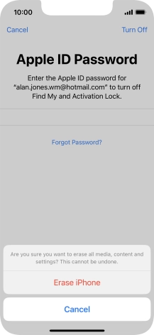 Key in the password for your Apple ID and press Erase iPhone. Wait a moment while the factory default settings are restored. Follow the instructions on the screen to set up your phone and prepare it for use.