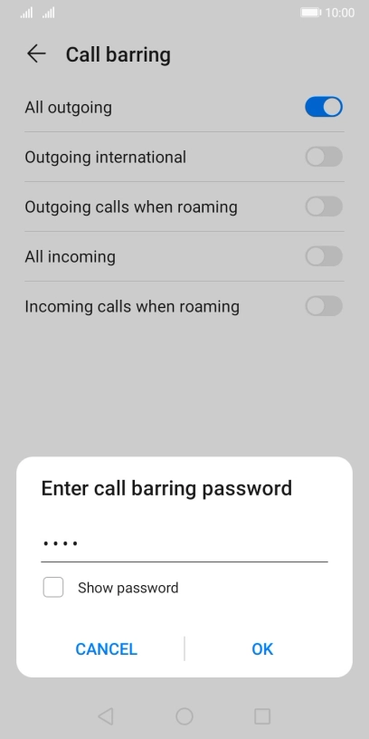 Key in your barring password and press OK. The default barring password is 0000.