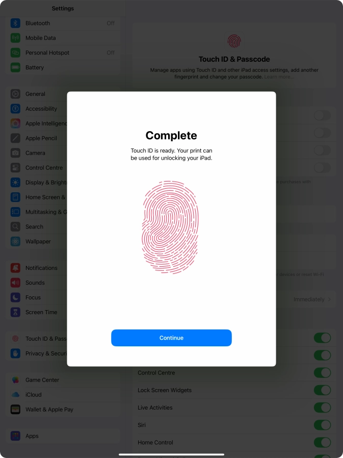 Press Continue. If you haven't previously selected a lock code, key in a code of your own choice twice.