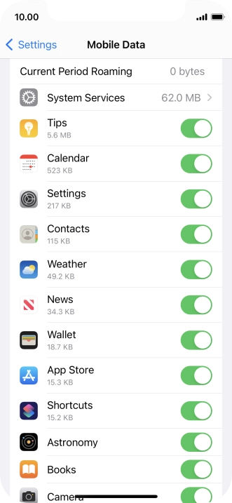 The data usage for each application is displayed below the name of the application.
