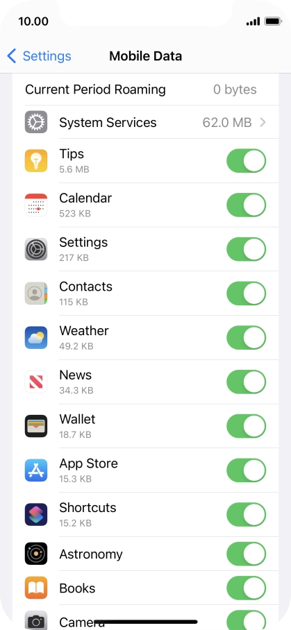 The data usage for each application is displayed below the name of the application.