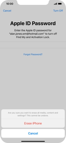 Key in the password for your Apple ID and press Erase iPhone. Wait a moment while the factory default settings are restored. Follow the instructions on the screen to set up your phone and prepare it for use.