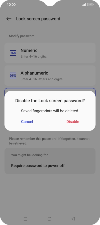 Press Disable and key in the additional phone lock code you created earlier.
