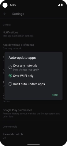 To turn on automatic update of apps using mobile network, press Over any network.