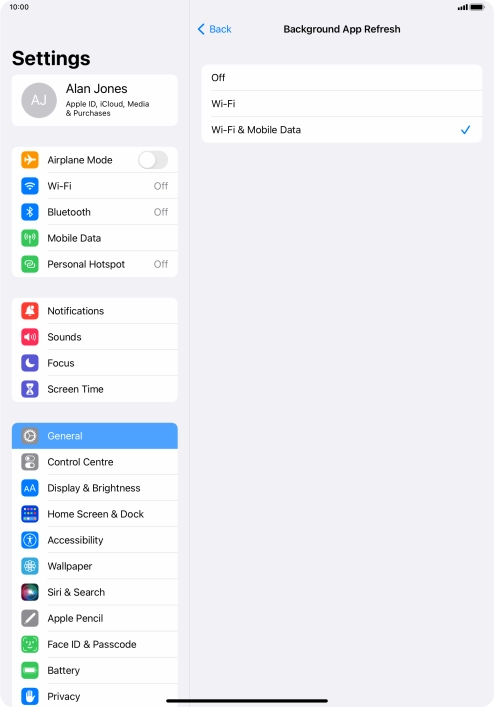 To turn off background refresh of apps, press Off. To turn off background refresh of apps, press Off.