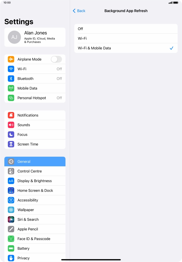 To turn off background refresh of apps, press Off. To turn off background refresh of apps, press Off.