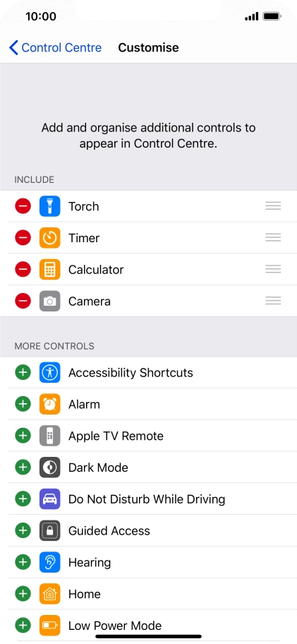 Press the delete icon next to the required function to remove it from Control Centre.