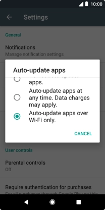 To turn on automatic update of apps using mobile network, press Auto-update apps at any time. Data charges may apply..