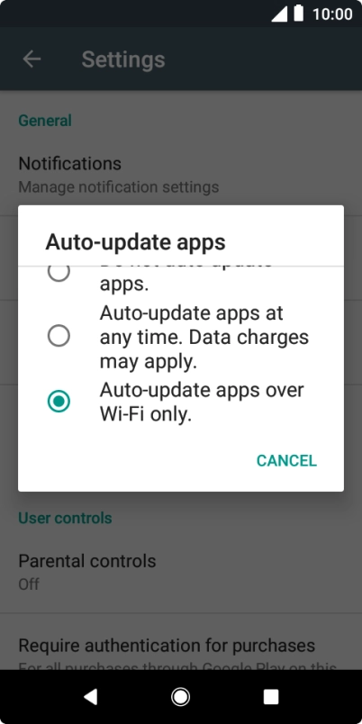 To turn on automatic update of apps using mobile network, press Auto-update apps at any time. Data charges may apply..