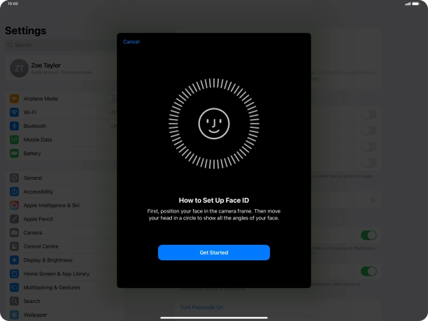 Press Get Started and follow the instructions on the screen to set up Face ID.