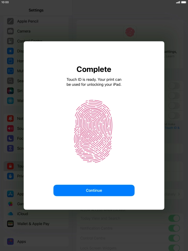 Press Continue. If you haven't previously selected a lock code, key in a code of your own choice twice.