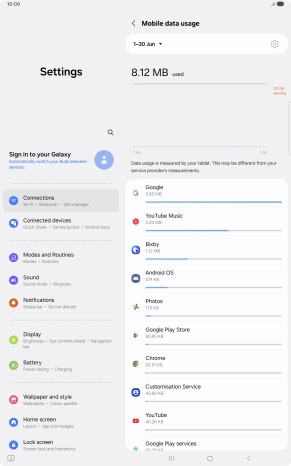The data usage for each application is displayed below the name of the application.