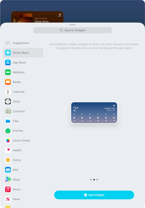 Slide your finger right or left on the screen to select the required widget size.