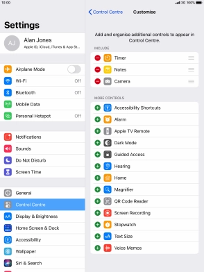 Press the delete icon next to the required function to remove it from Control Centre. Press the delete icon next to the required function to remove it from Control Centre.
