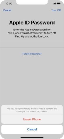 Key in the password for your Apple ID and press Erase iPhone. Wait a moment while the factory default settings are restored. Follow the instructions on the screen to set up your phone and prepare it for use.