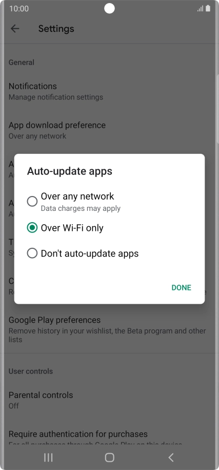 To turn on automatic update of apps using mobile network, press Over any network.