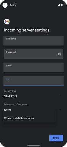 Press Never to keep email messages on the server when you delete them on your phone.