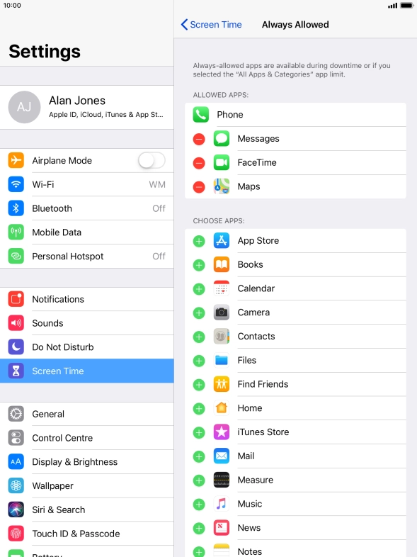 Press the add icon next to the required app to add it to the list of allowed apps during Downtime.