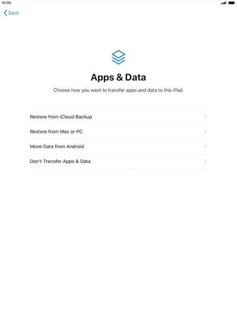 You can restore content from an iCloud backup when your tablet is activated for the first time and after a factory reset. When this screen is displayed, your tablet is ready to restore content from an iCloud backup.
