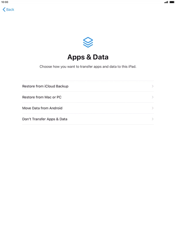 You can restore content from an iCloud backup when your tablet is activated for the first time and after a factory reset. When this screen is displayed, your tablet is ready to restore content from an iCloud backup.