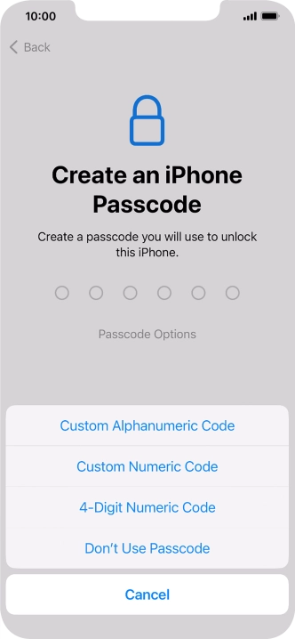 Follow the instructions on the screen to turn on use of phone lock code or press Don't Use Passcode.