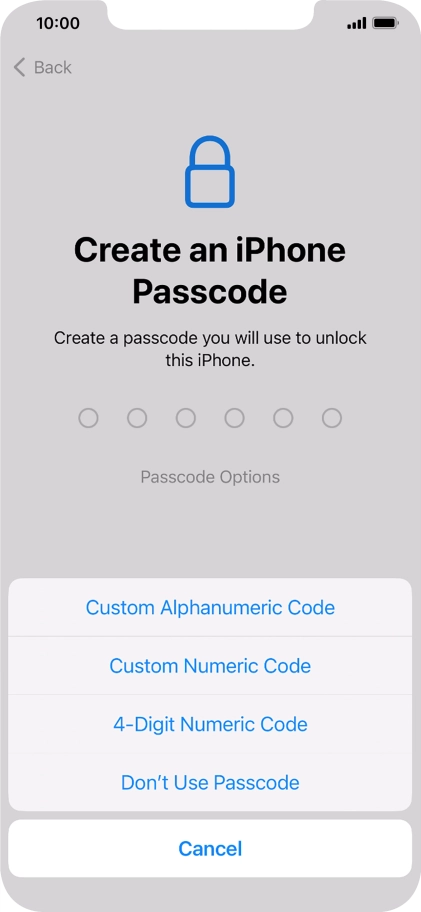 Follow the instructions on the screen to turn on use of phone lock code or press Don't Use Passcode.