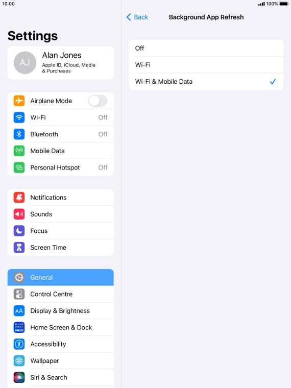To turn off background refresh of apps, press Off.