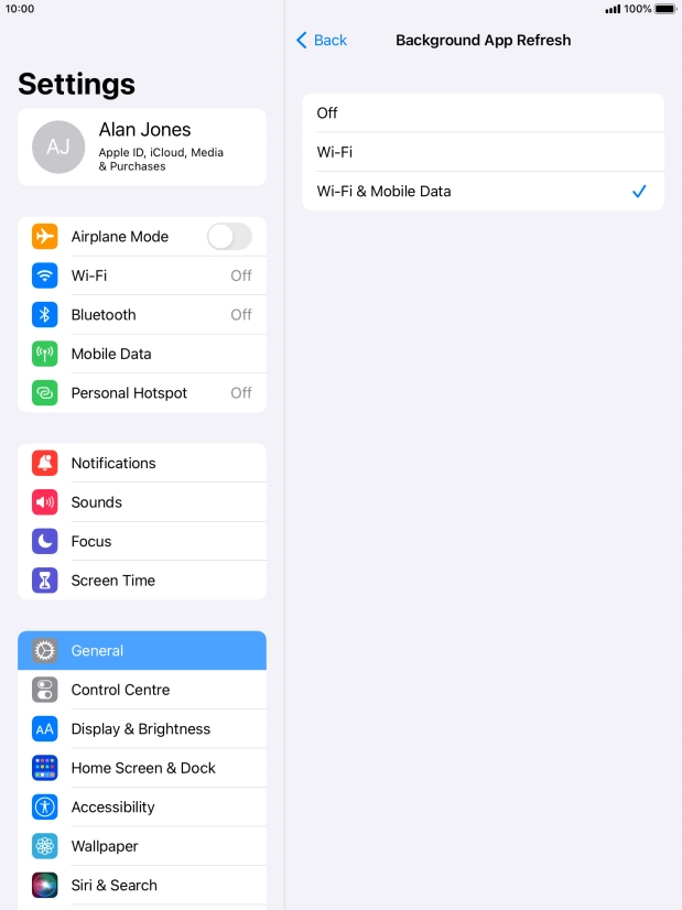 To turn off background refresh of apps, press Off. To turn off background refresh of apps, press Off.