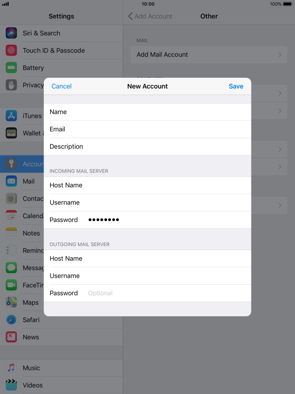 Press Password and key in the password for your email account. Please note that if you're using Vodafone's outgoing server, leave the password field empty.