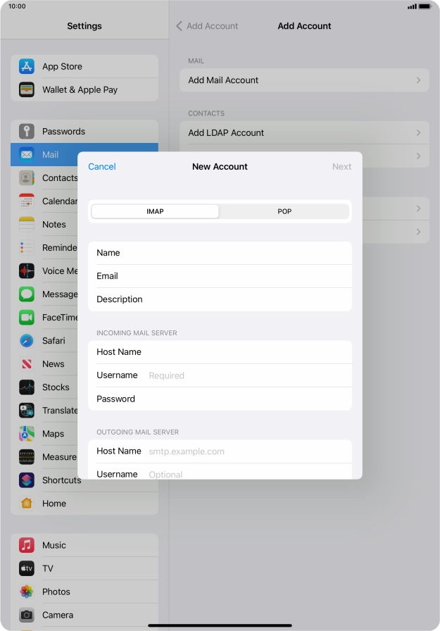 Press Username and key in the username for your email account.