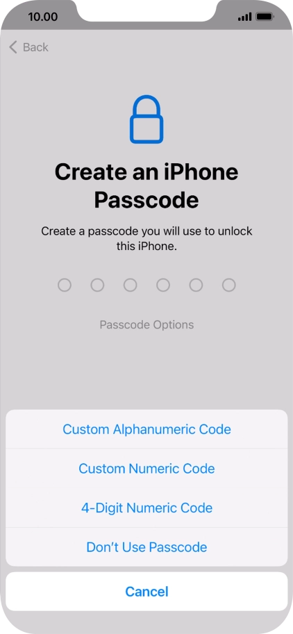 Follow the instructions on the screen to turn on use of phone lock code or press Don't Use Passcode.
