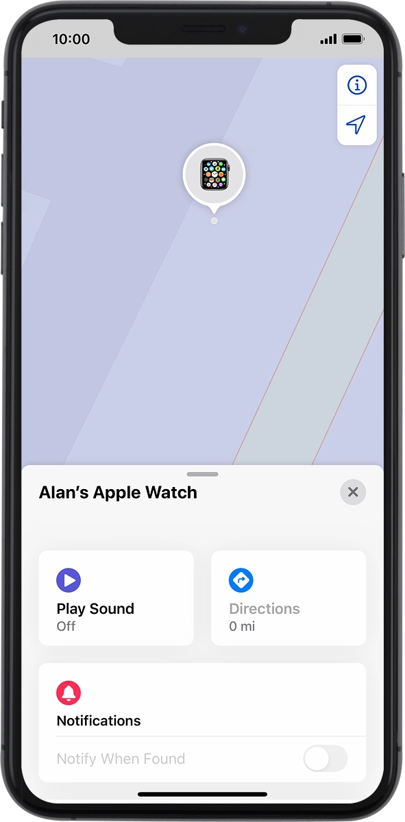 The latest position of your Apple Watch is displayed on the map.