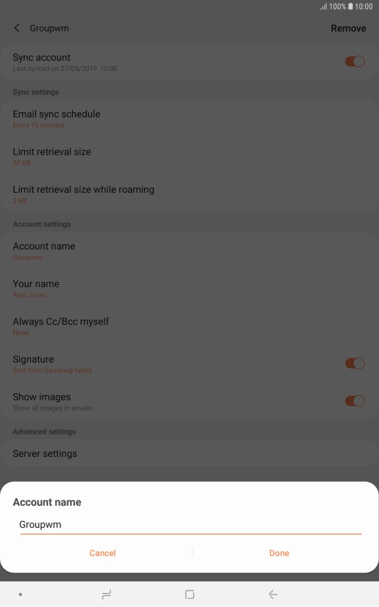 Key in the required name for the email account and press Done.